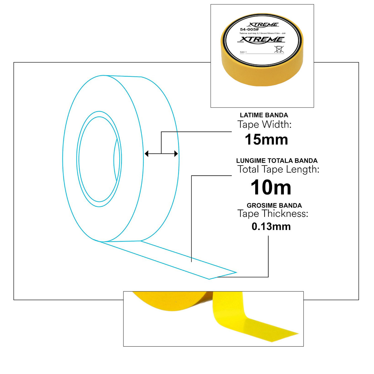 Banda izolatoare adeziva, XTREME 07055, 0.13mmx15mm, 10m lungime, PVC, galbena [2]