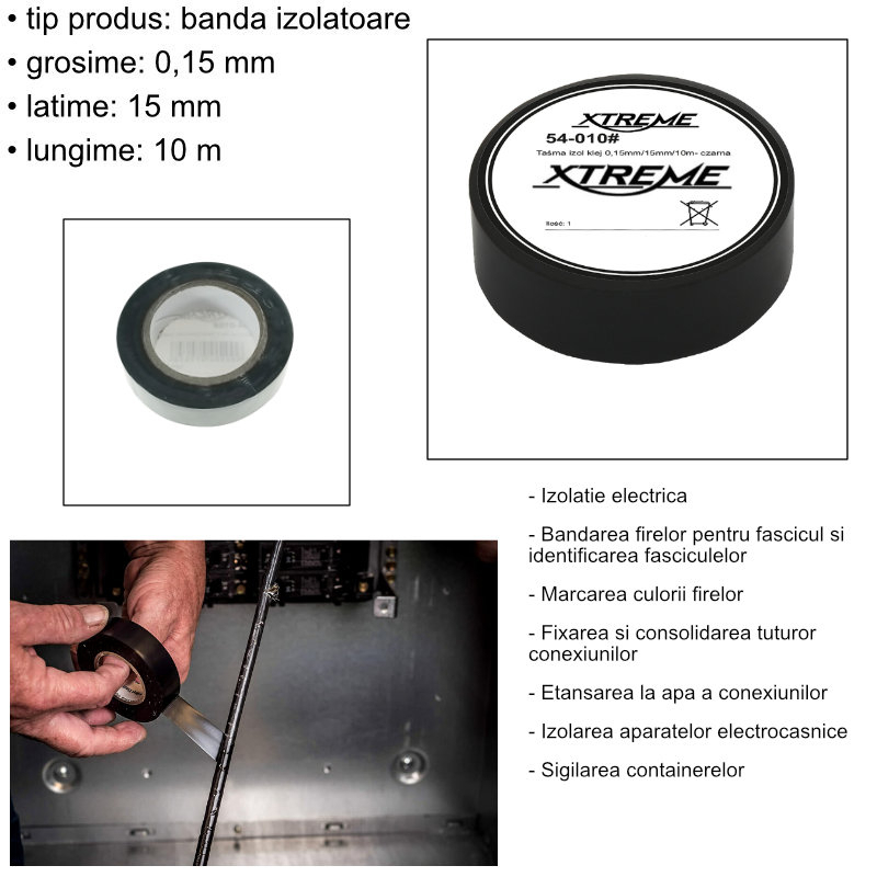 Banda izolatoare adeziva, XTREME 07065, 0.15mmx15mm, 10m lungime, PVC, neagra [4]