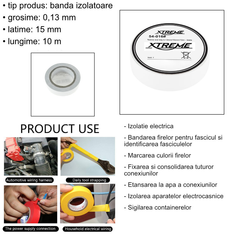 Banda izolatoare adeziva, XTREME 08192, 0.13mmx15mm, 10m lungime, PVC, alba [4]