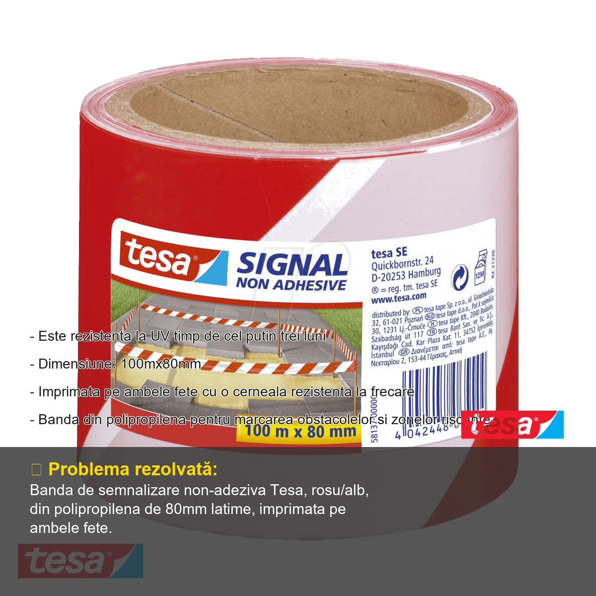 Banda non-adeziva de avertizare Tesa, rosu/alb, rezistenta UV, pentru marcare obstacole si zone periculoase, 100m x 80mm [2]