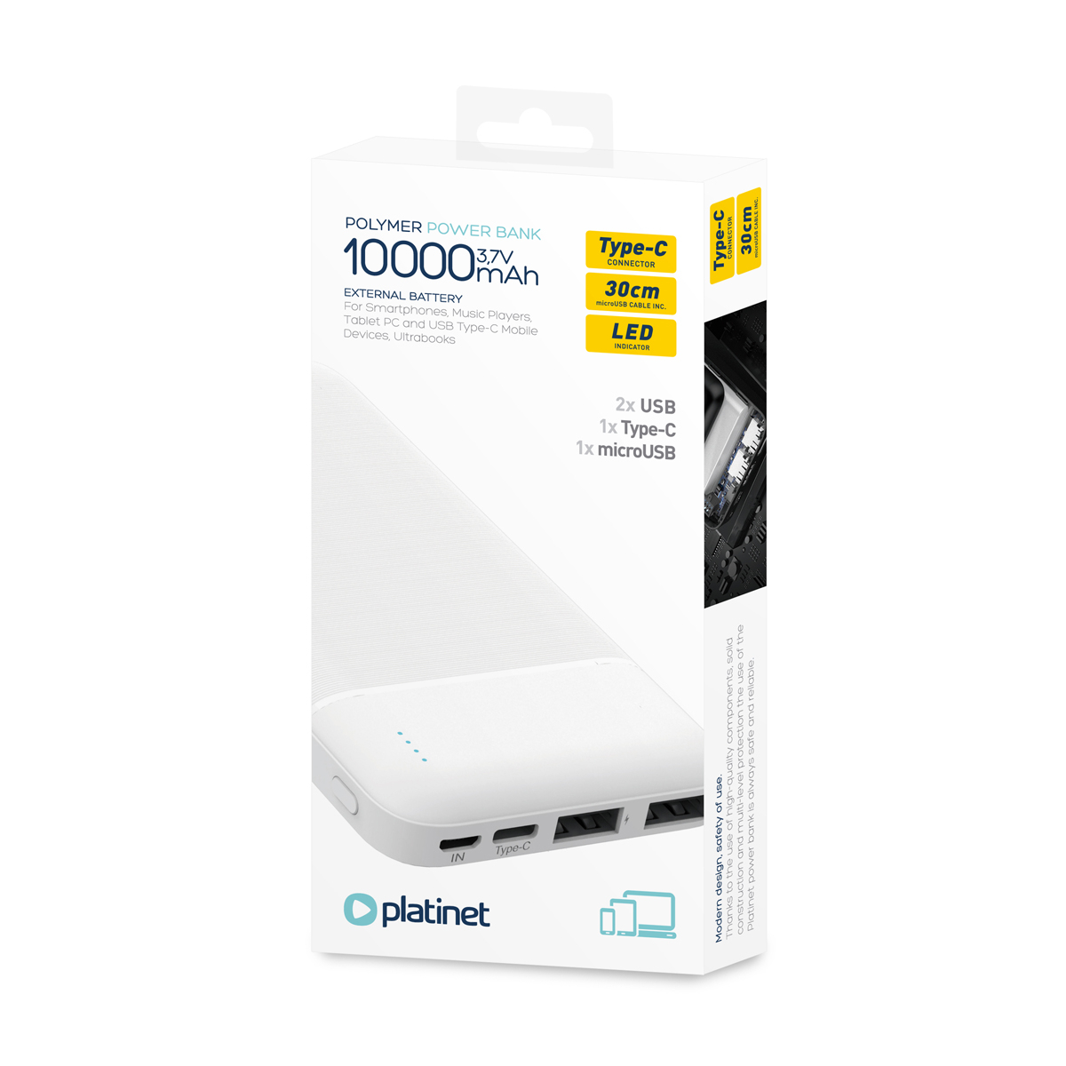 Baterie externa, powerbank Platinet 45721, 10000 mAH li-polimer, 2 x USB, 1 x Type C, 1 x microUSB, LED, alb [4]