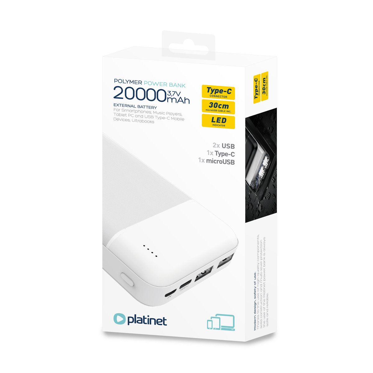 Baterie externa, powerbank Platinet 45723, 20000 mAH li-polimer, 2 x USB, 1 x Type C, 1 x microUSB, LED, alb [5]