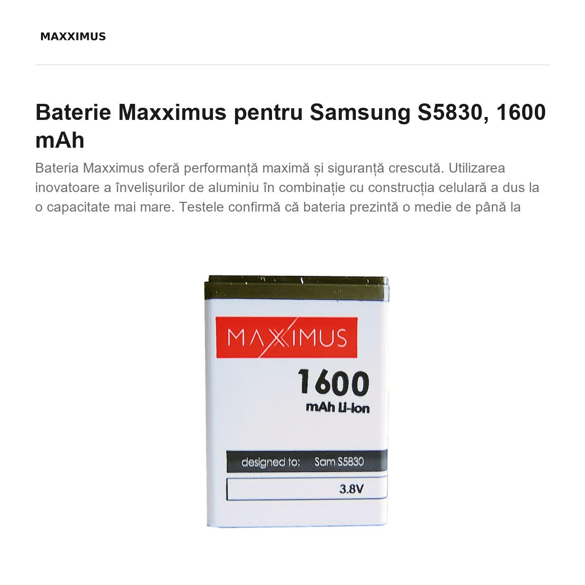 Baterie Maxximus pentru Samsung S5830, 1600 mAh [2]