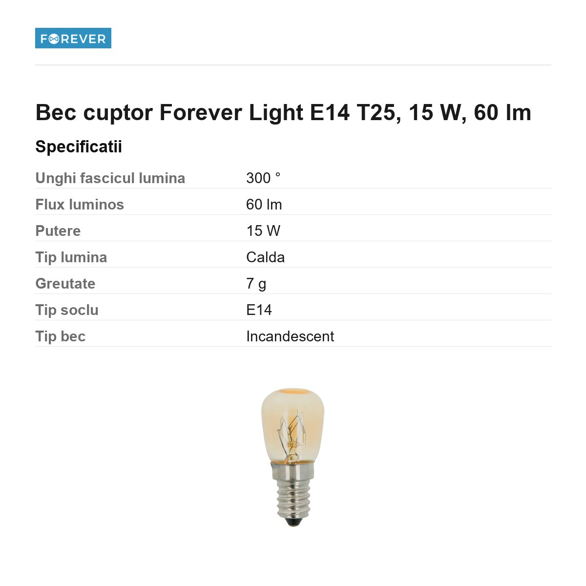 Bec cuptor Forever Light E14 T25, 15 W, 60 lm [3]