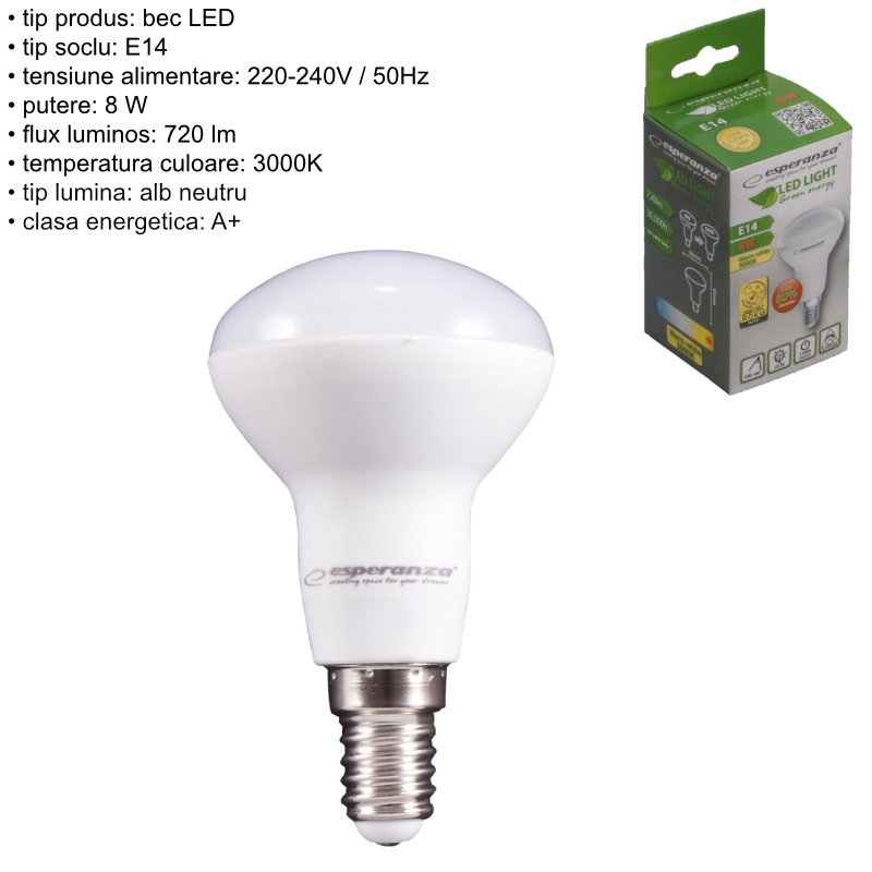 Bec LED clasic E14 R50, Esperanza 93938, 8W, 3000K, 720lm, 220V, clasa energetica A+, lumina alba naturala [5]
