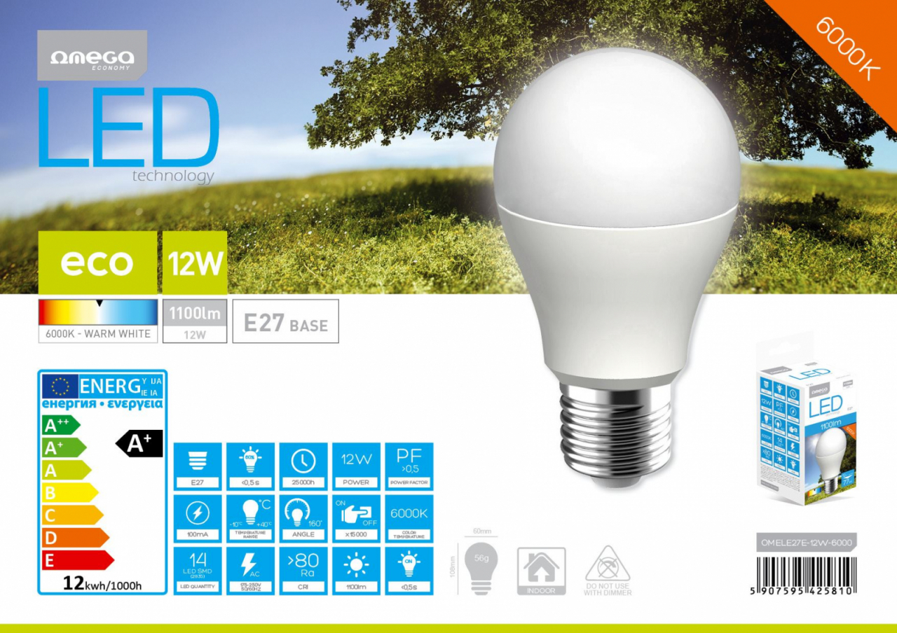 Bec Led Omega 42581 bulb eco,6000K E27 12W,1055lm,lumina rece [6]