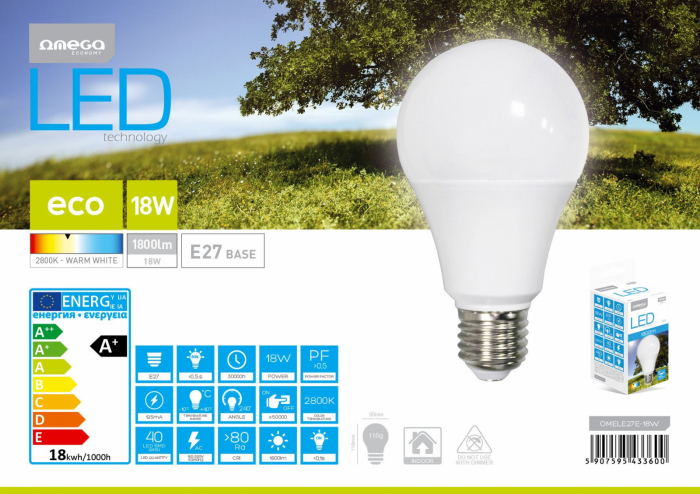 Bec Led Omega 43360 bulb eco,2800K E27 18W,1600lm,lumina calda [3]