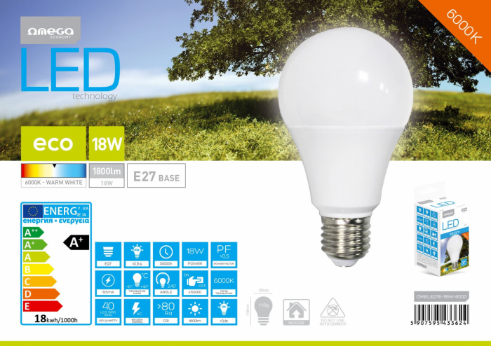 Bec Led Omega 43362 bulb eco,6000K E27 18W,1600lm,lumina rece [3]