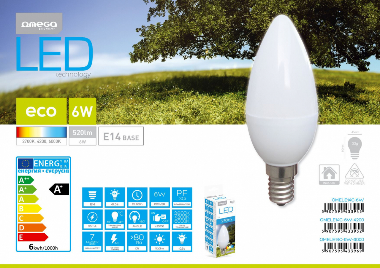 Bec Led Omega 43395 bulb eco,4200K E14 6W,520lm,lumina naturala,tip lumânare [2]