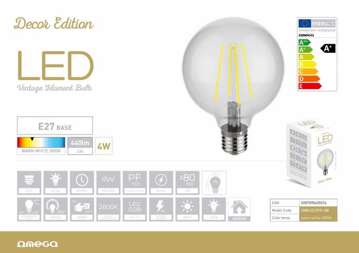 Bec Led Omega 43557 bulb filament,2800K E27 4W,400lm,lumina calda,tip glob [3]