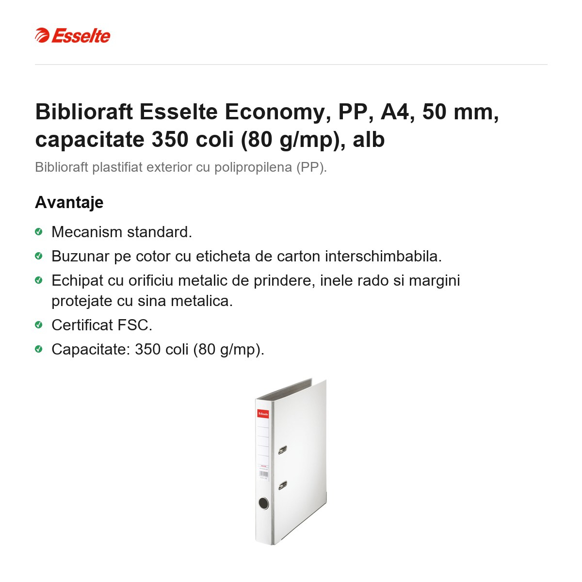 Biblioraft Esselte Economy, PP, A4, 50 mm, capacitate 350 coli (80 g/mp), alb [2]