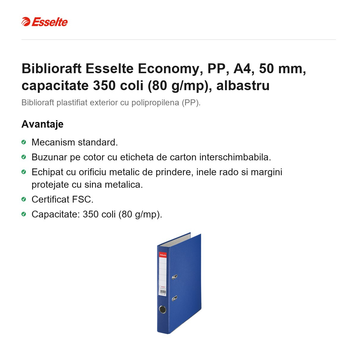 Biblioraft Esselte Economy, PP, A4, 50 mm, capacitate 350 coli (80 g/mp), albastru [2]