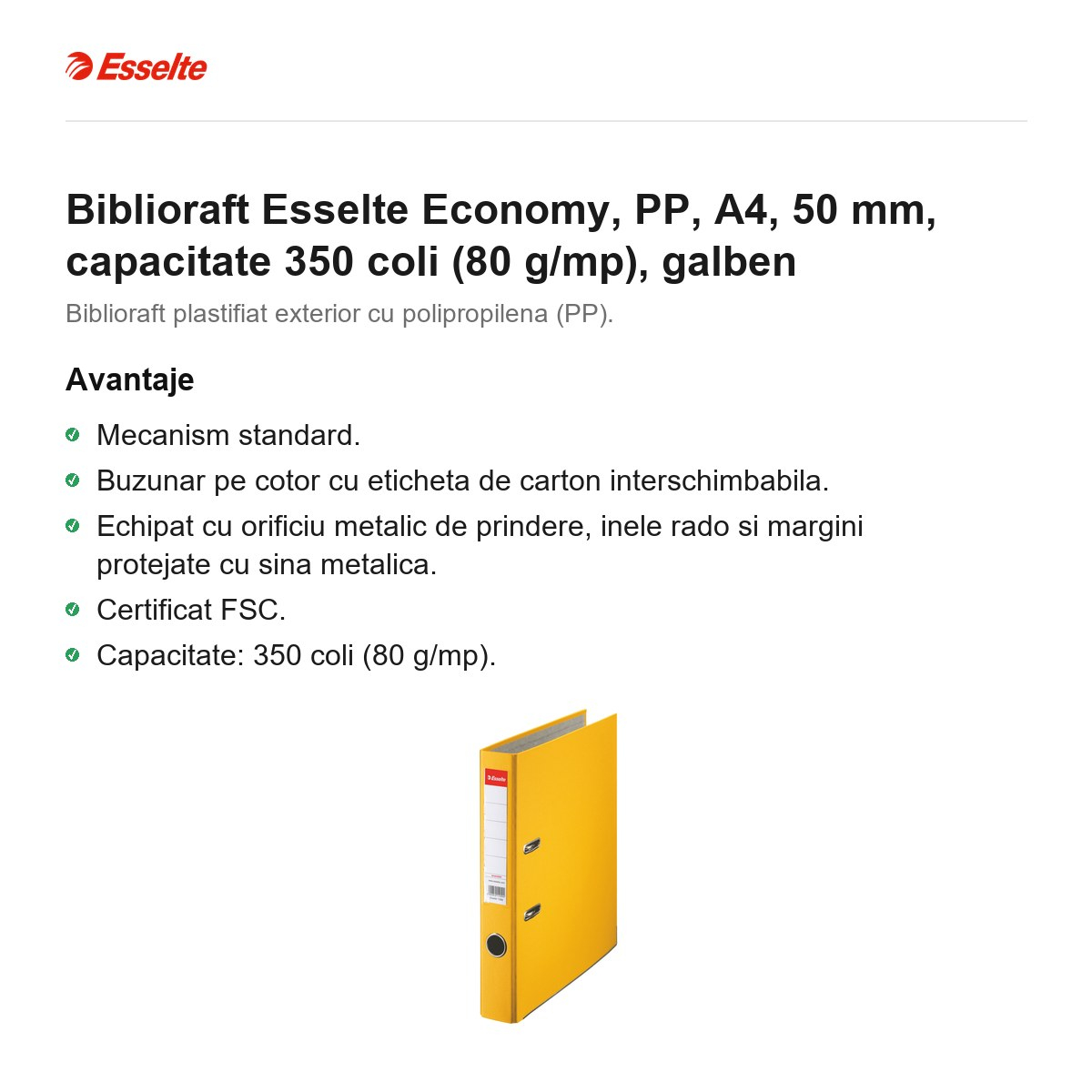 Biblioraft Esselte Economy, PP, A4, 50 mm, capacitate 350 coli (80 g/mp), galben [2]