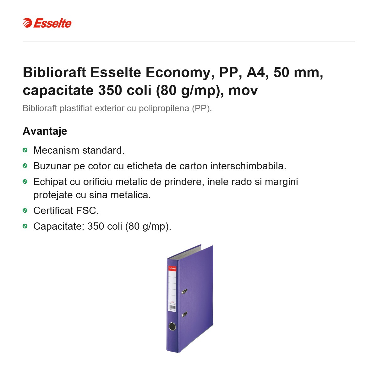 Biblioraft Esselte Economy, PP, A4, 50 mm, capacitate 350 coli (80 g/mp), mov [2]