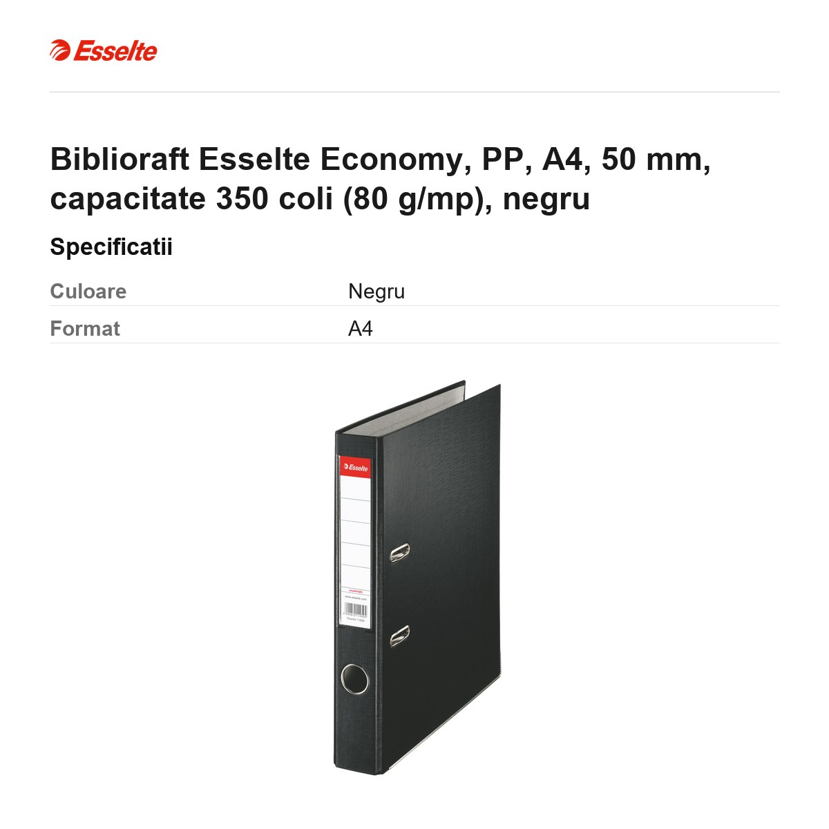Biblioraft Esselte Economy, PP, A4, 50 mm, capacitate 350 coli (80 g/mp), negru [3]