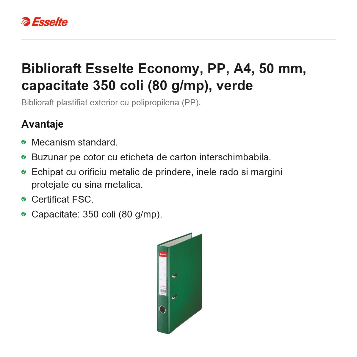 Biblioraft Esselte Economy, PP, A4, 50 mm, capacitate 350 coli (80 g/mp), verde [2]