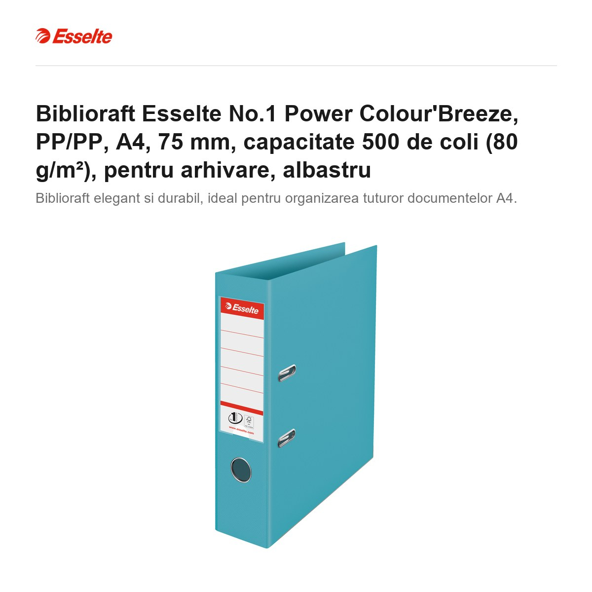 Biblioraft Esselte No.1 Power Colour'Breeze, PP/PP, A4, 75 mm, capacitate 500 de coli (80 g/m²), pentru arhivare, albastru [2]