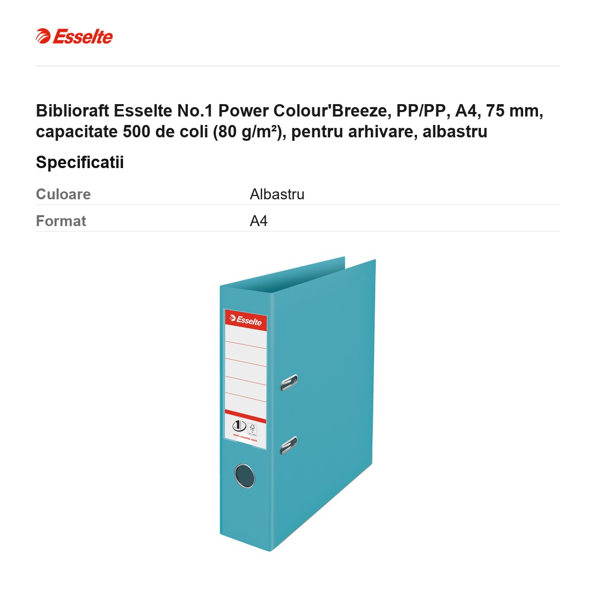 Biblioraft Esselte No.1 Power Colour'Breeze, PP/PP, A4, 75 mm, capacitate 500 de coli (80 g/m²), pentru arhivare, albastru [3]