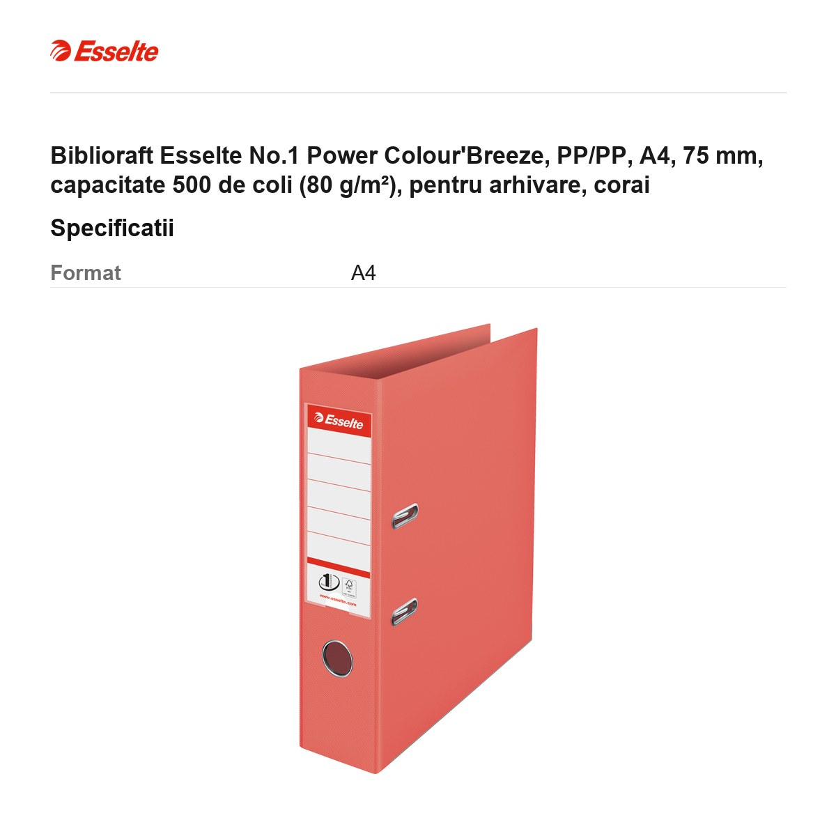 Biblioraft Esselte No.1 Power Colour'Breeze, PP/PP, A4, 75 mm, capacitate 500 de coli (80 g/m²), pentru arhivare, corai [3]