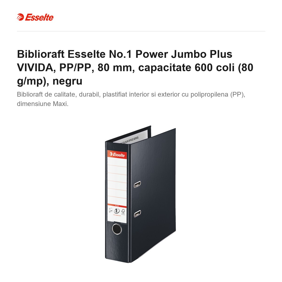 Biblioraft Esselte No.1 Power Jumbo Plus VIVIDA, PP/PP, 80 mm, capacitate 600 coli (80 g/mp), negru [2]