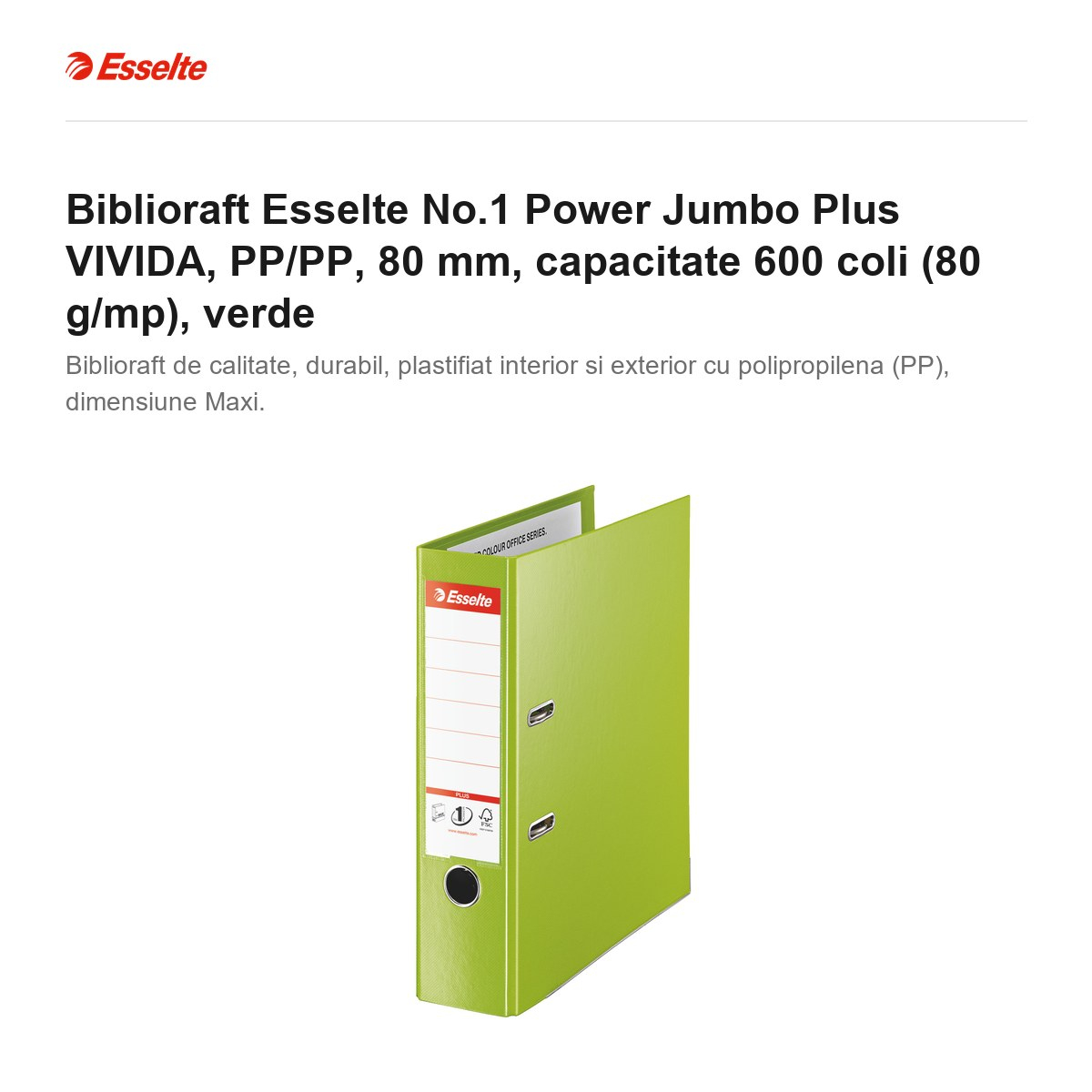 Biblioraft Esselte No.1 Power Jumbo Plus VIVIDA, PP/PP, 80 mm, capacitate 600 coli (80 g/mp), verde [2]