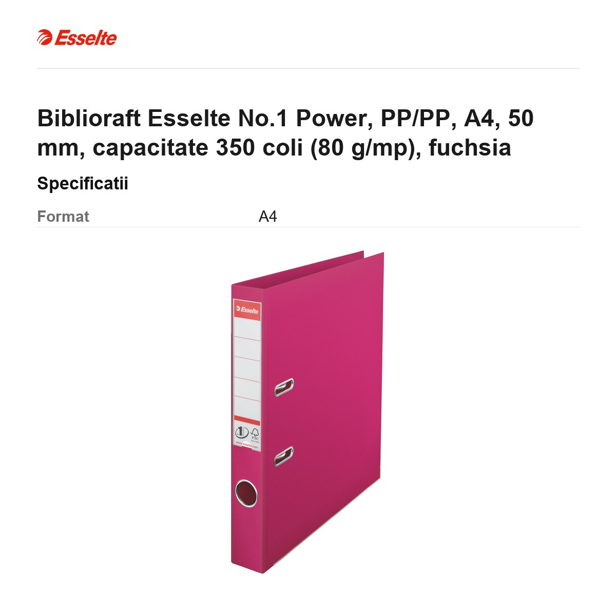 Biblioraft Esselte No.1 Power, PP/PP, A4, 50 mm, capacitate 350 coli (80 g/mp), fuchsia [3]