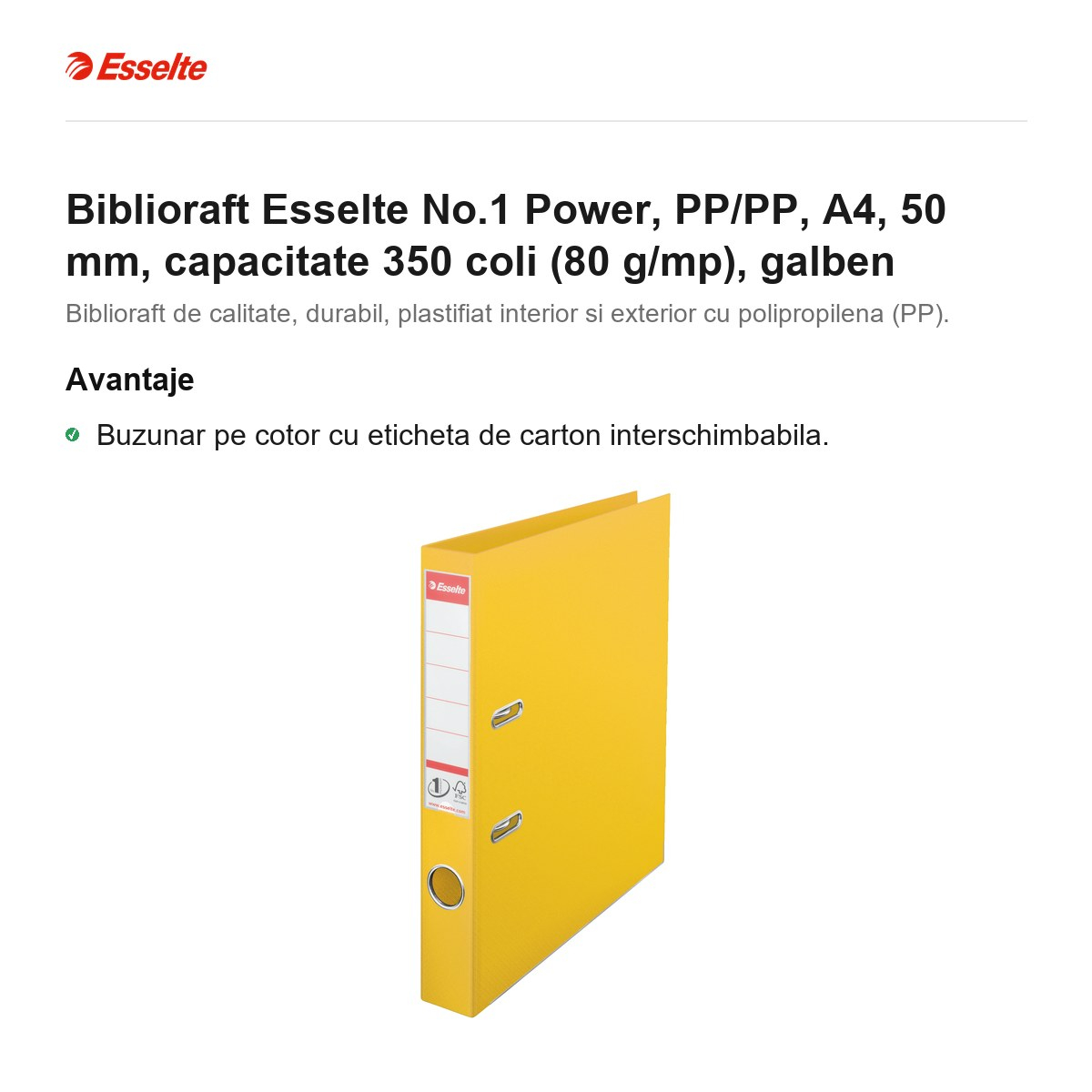 Biblioraft Esselte No.1 Power, PP/PP, A4, 50 mm, capacitate 350 coli (80 g/mp), galben [2]