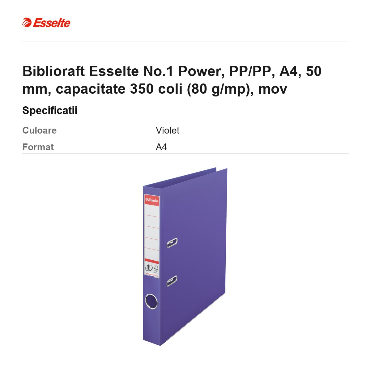 Biblioraft Esselte No.1 Power, PP/PP, A4, 50 mm, capacitate 350 coli (80 g/mp), mov [3]