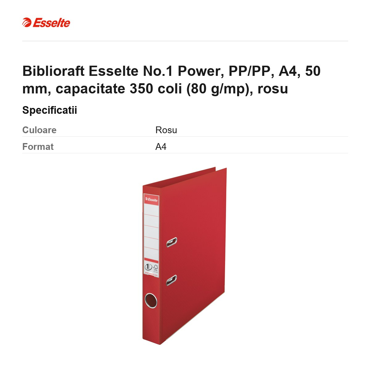 Biblioraft Esselte No.1 Power, PP/PP, A4, 50 mm, capacitate 350 coli (80 g/mp), rosu [3]