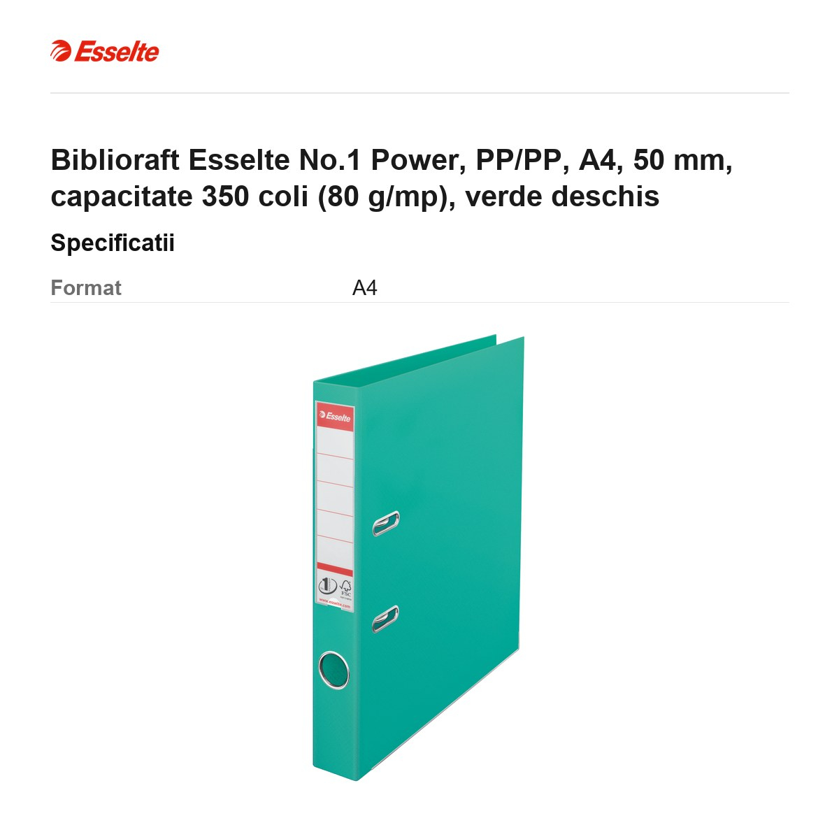 Biblioraft Esselte No.1 Power, PP/PP, A4, 50 mm, capacitate 350 coli (80 g/mp), verde deschis [3]