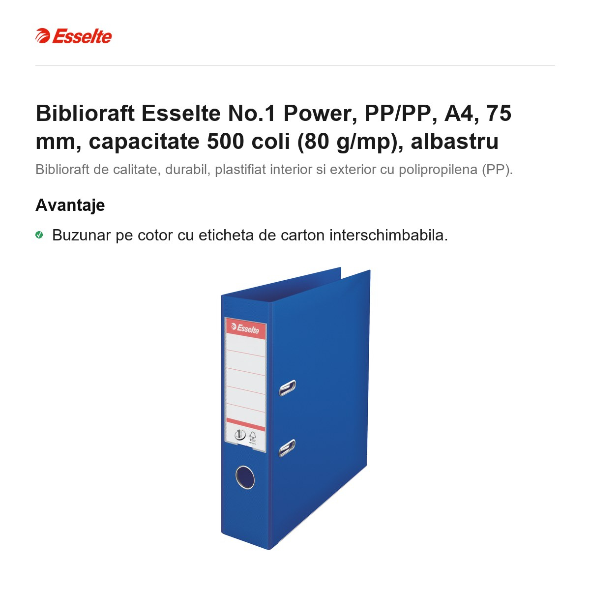 Biblioraft Esselte No.1 Power, PP/PP, A4, 75 mm, capacitate 500 coli (80 g/mp), albastru [2]
