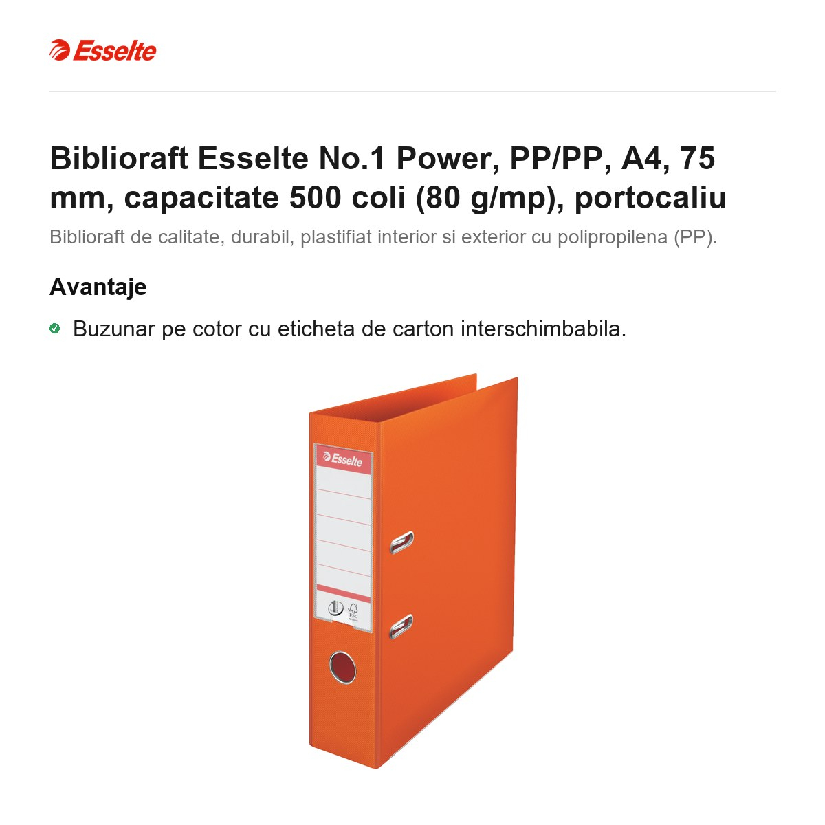 Biblioraft Esselte No.1 Power, PP/PP, A4, 75 mm, capacitate 500 coli (80 g/mp), portocaliu [2]