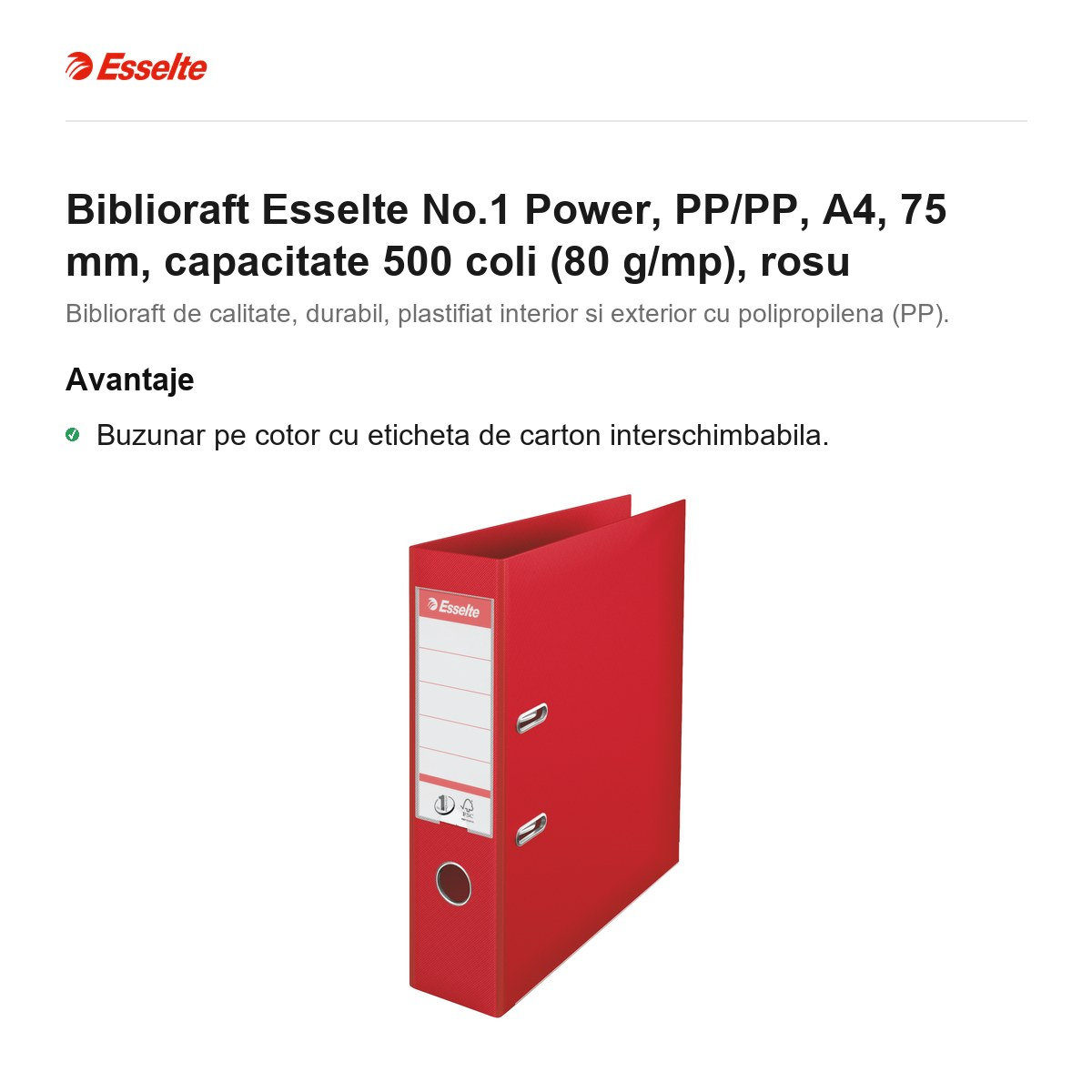 Biblioraft Esselte No.1 Power, PP/PP, A4, 75 mm, capacitate 500 coli (80 g/mp), rosu [2]
