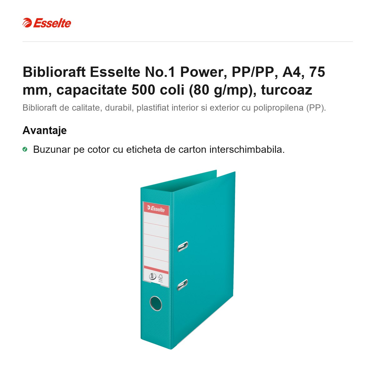 Biblioraft Esselte No.1 Power, PP/PP, A4, 75 mm, capacitate 500 coli (80 g/mp), turcoaz [2]