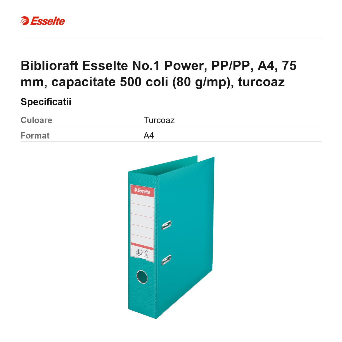 Biblioraft Esselte No.1 Power, PP/PP, A4, 75 mm, capacitate 500 coli (80 g/mp), turcoaz [3]