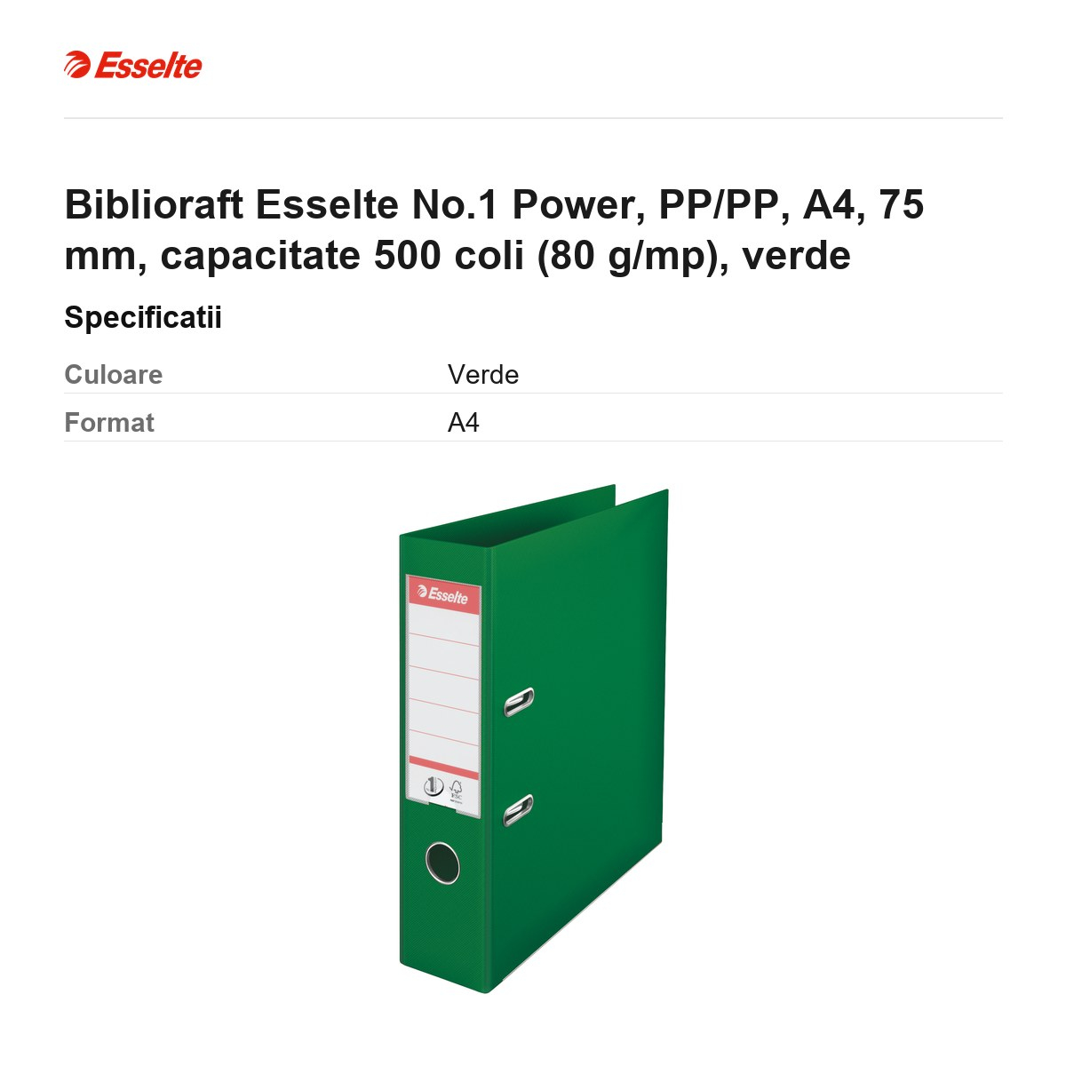 Biblioraft Esselte No.1 Power, PP/PP, A4, 75 mm, capacitate 500 coli (80 g/mp), verde [3]