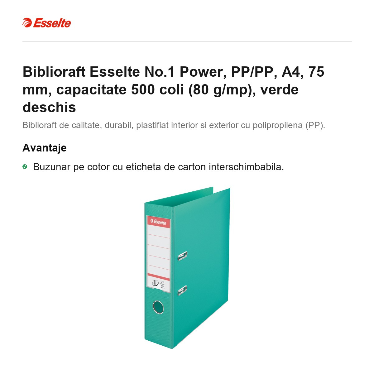 Biblioraft Esselte No.1 Power, PP/PP, A4, 75 mm, capacitate 500 coli (80 g/mp), verde deschis [2]