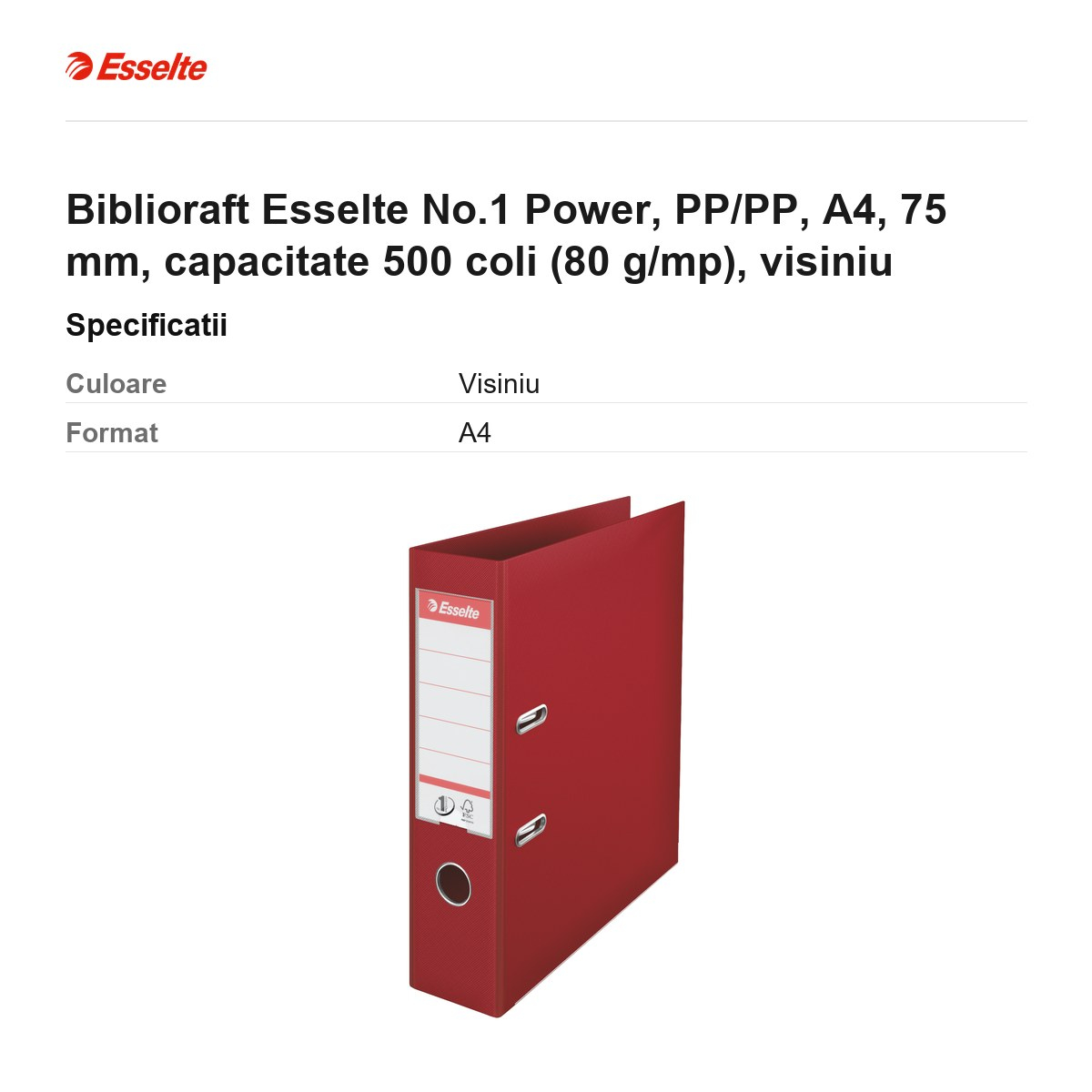 Biblioraft Esselte No.1 Power, PP/PP, A4, 75 mm, capacitate 500 coli (80 g/mp), visiniu [3]