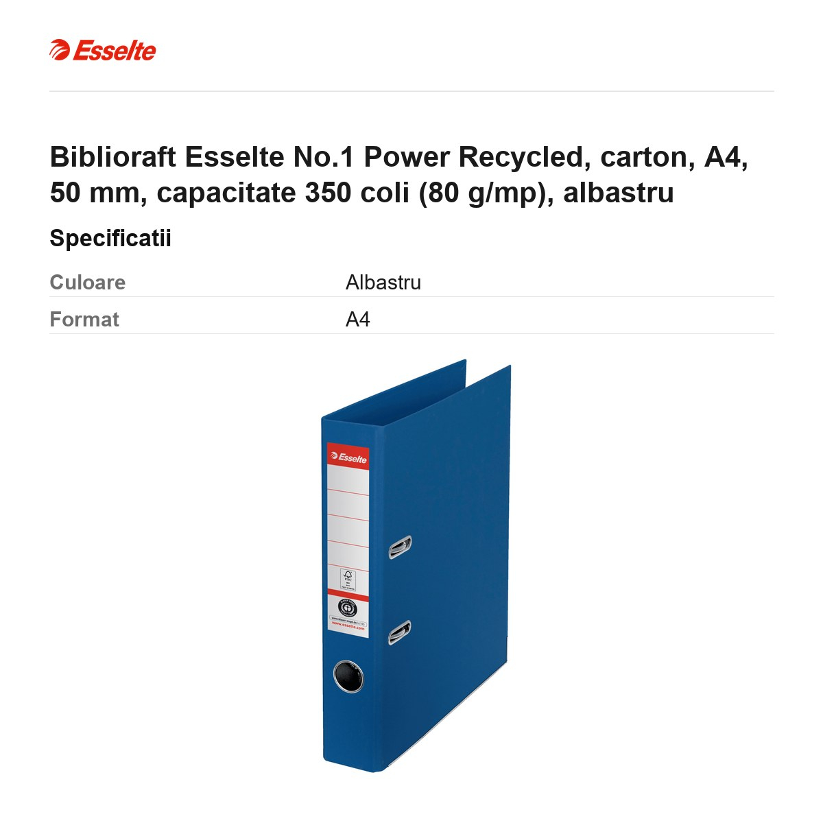 Biblioraft Esselte No.1 Power Recycled, carton, A4, 50 mm, capacitate 350 coli (80 g/mp), albastru [3]
