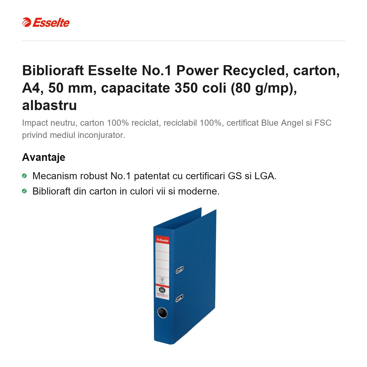 Biblioraft Esselte No.1 Power Recycled, carton, A4, 50 mm, capacitate 350 coli (80 g/mp), albastru [2]