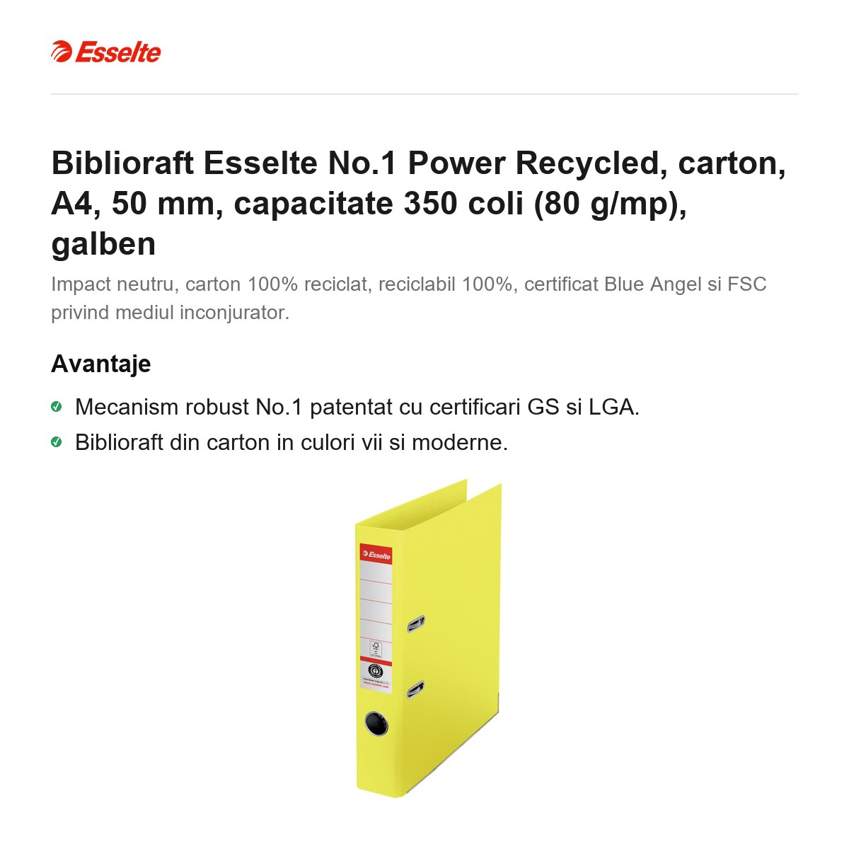Biblioraft Esselte No.1 Power Recycled, carton, A4, 50 mm, capacitate 350 coli (80 g/mp), galben [2]