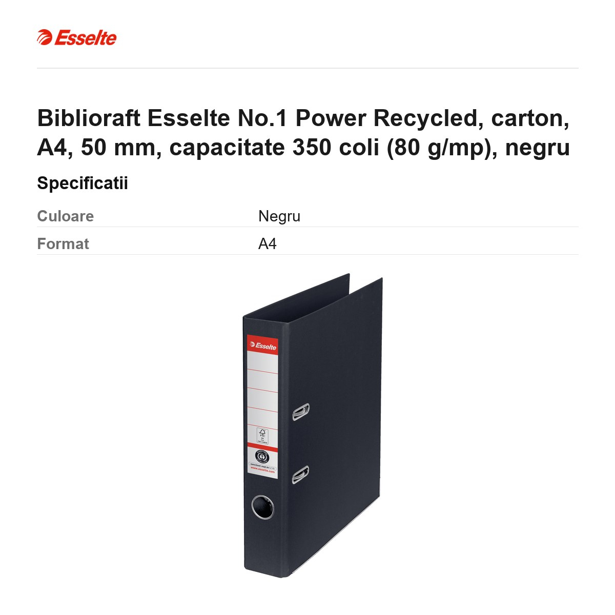 Biblioraft Esselte No.1 Power Recycled, carton, A4, 50 mm, capacitate 350 coli (80 g/mp), negru [3]