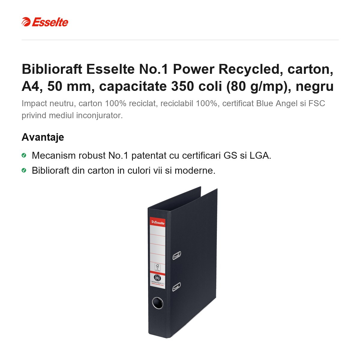 Biblioraft Esselte No.1 Power Recycled, carton, A4, 50 mm, capacitate 350 coli (80 g/mp), negru [2]