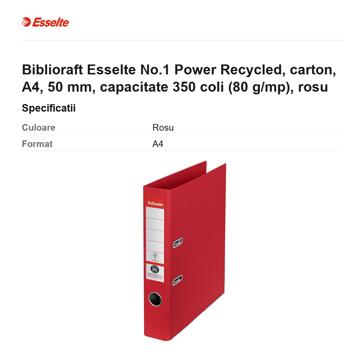 Biblioraft Esselte No.1 Power Recycled, carton, A4, 50 mm, capacitate 350 coli (80 g/mp), rosu [3]