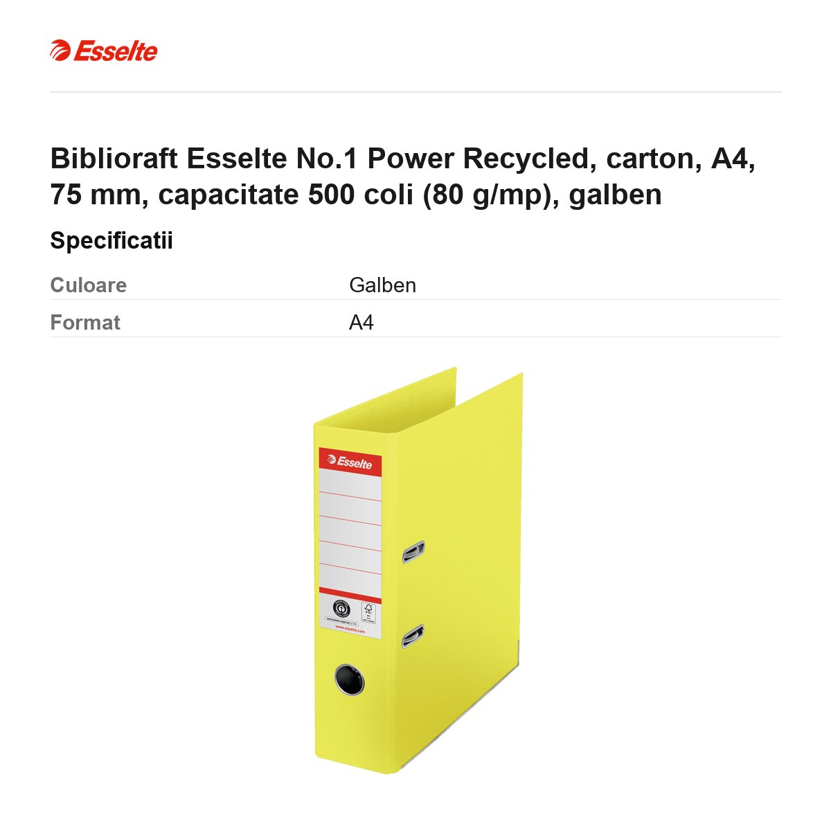 Biblioraft Esselte No.1 Power Recycled, carton, A4, 75 mm, capacitate 500 coli (80 g/mp), galben [3]