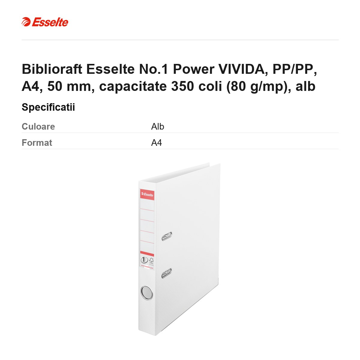 Biblioraft Esselte No.1 Power VIVIDA, PP/PP, A4, 50 mm, capacitate 350 coli (80 g/mp), alb [3]