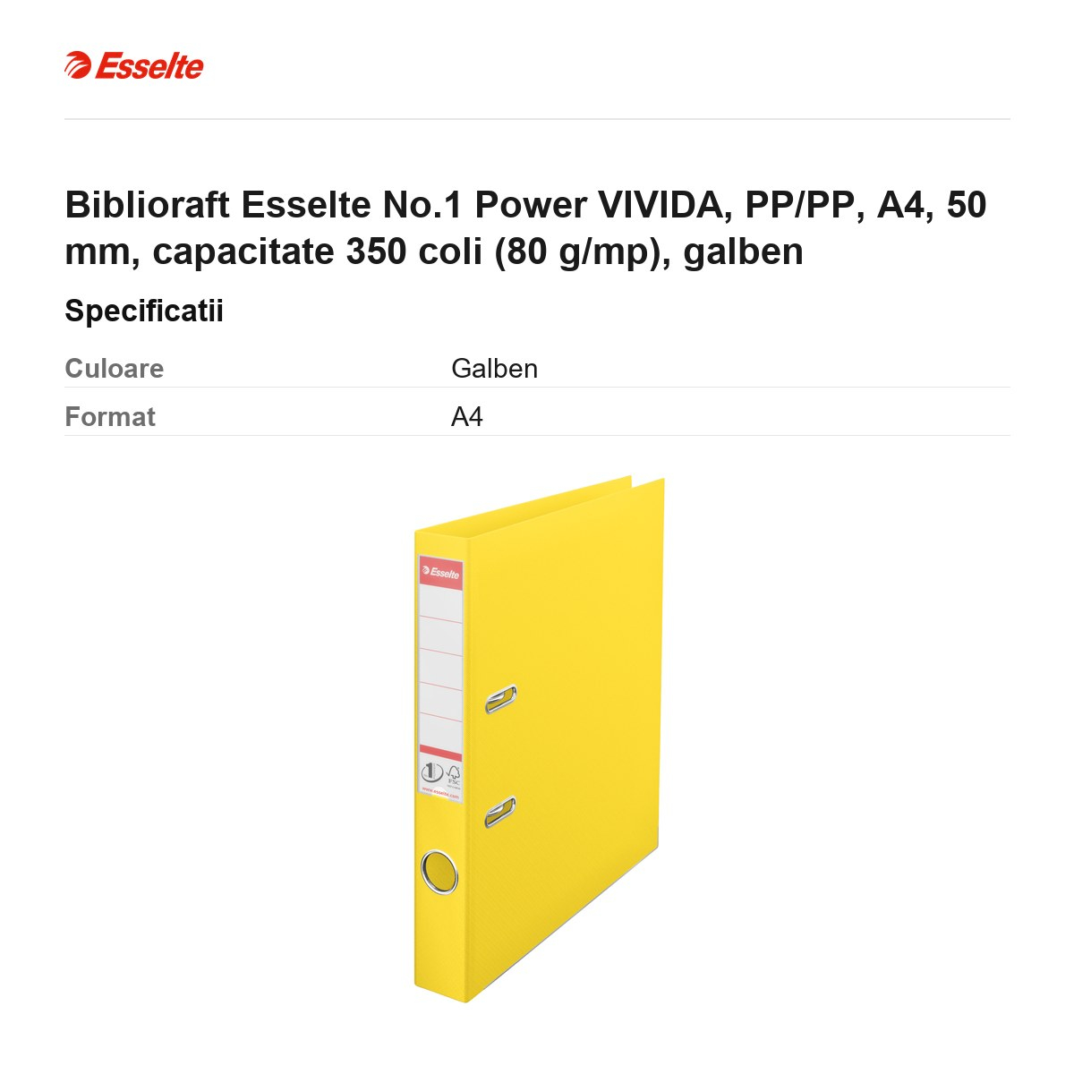 Biblioraft Esselte No.1 Power VIVIDA, PP/PP, A4, 50 mm, capacitate 350 coli (80 g/mp), galben [3]