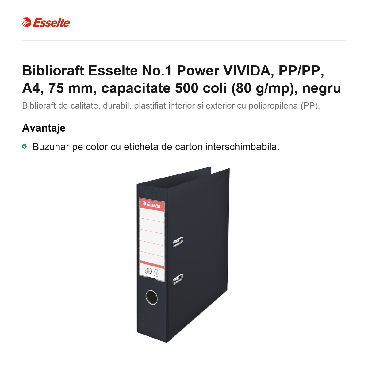 Biblioraft Esselte No.1 Power VIVIDA, PP/PP, A4, 75 mm, capacitate 500 coli (80 g/mp), negru [2]
