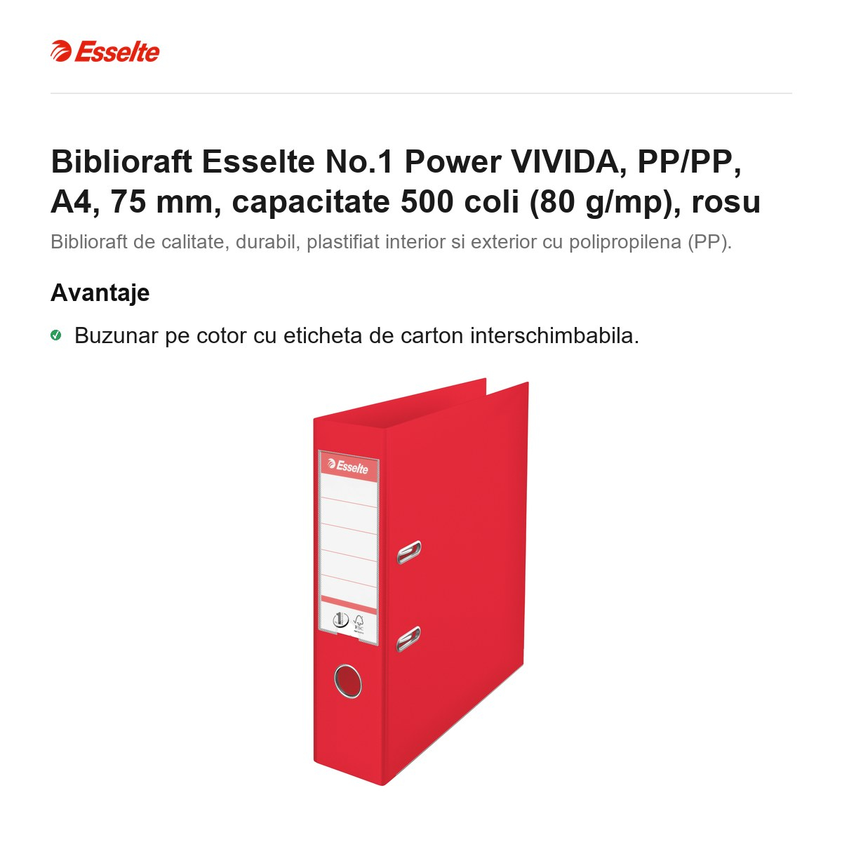Biblioraft Esselte No.1 Power VIVIDA, PP/PP, A4, 75 mm, capacitate 500 coli (80 g/mp), rosu [2]