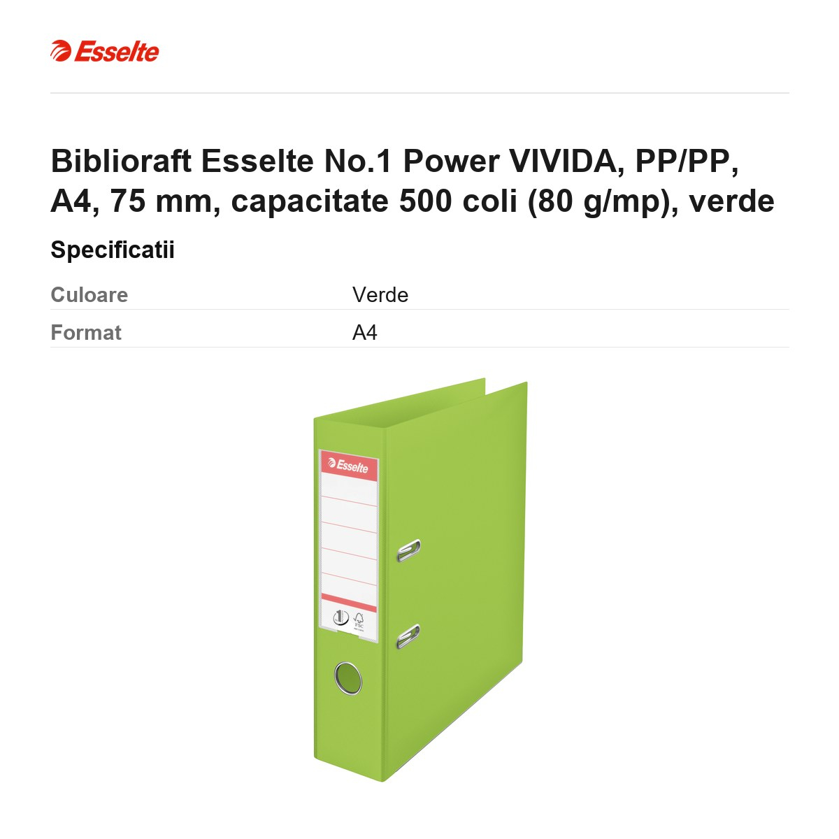 Biblioraft Esselte No.1 Power VIVIDA, PP/PP, A4, 75 mm, capacitate 500 coli (80 g/mp), verde [3]